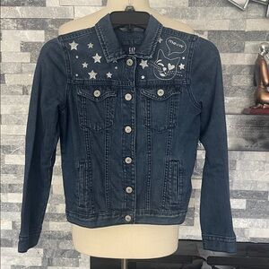 GAP Girls Jacket Denim Embroidered  Cat Kitty Silver Metallic Size XL